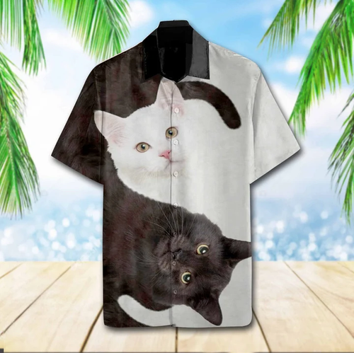 Brambles Boutique Lovely Cat Yin Yang Design Hawaiian Shirt for Men, women, Gift for cat lovers