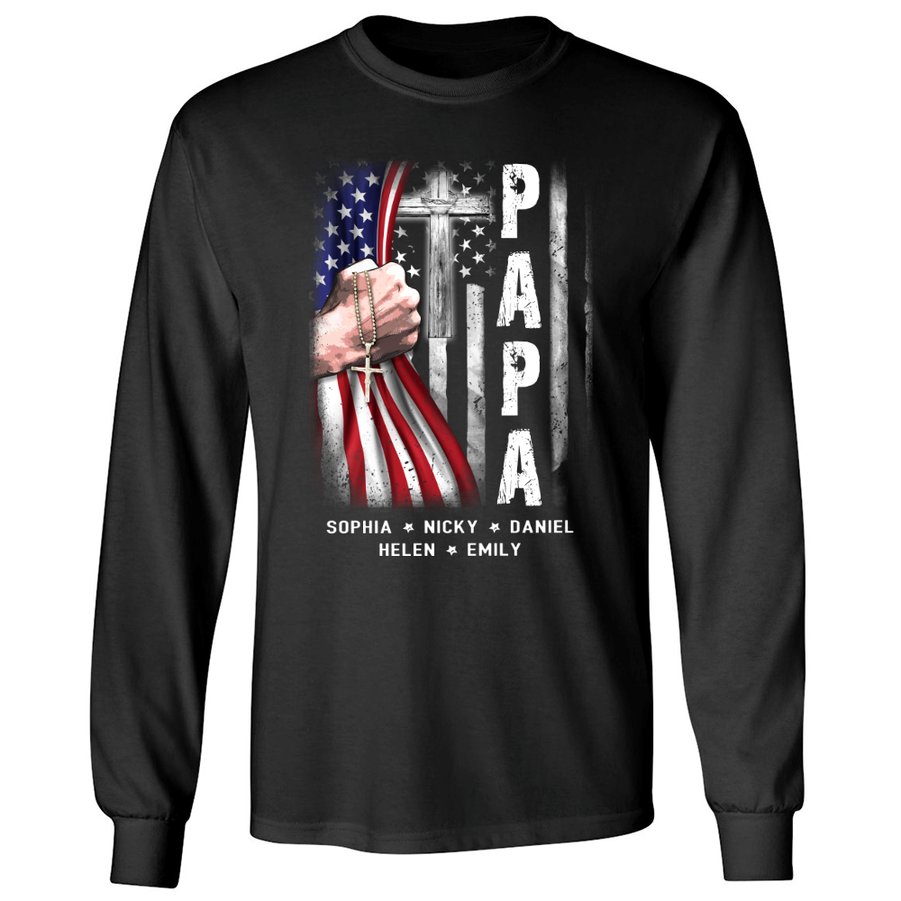 Brambles Boutique Personalized Papa With Grandkids US Flag Cross CTL94 Longsleeve