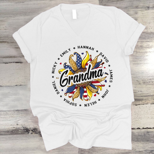 Brambles Boutique Personalized Grandma With Grankids Sunflower American Flag CTL94 V-Neck