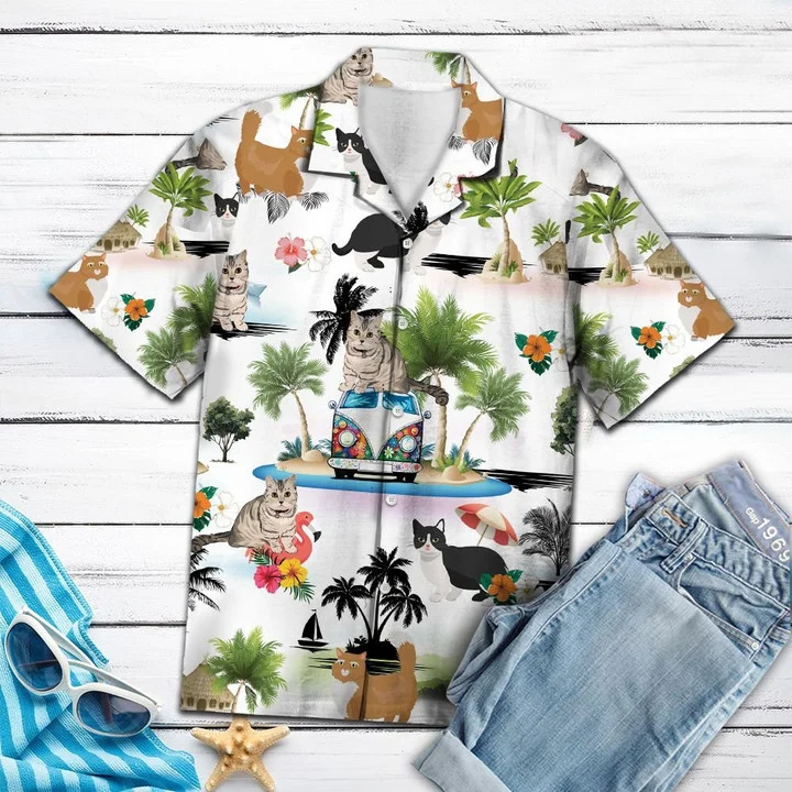 Brambles Boutique Hippie Van Munchkin Cat Enjoy Vacation Hawaiian Shirt