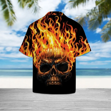 Load image into Gallery viewer, Brambles Boutique Hawaiian Shirt Flame Metal Skull Head In Black hawaii shirt for Men