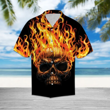 Load image into Gallery viewer, Brambles Boutique Hawaiian Shirt Flame Metal Skull Head In Black hawaii shirt for Men