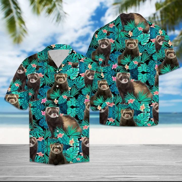 Brambles Boutique Happy Ferret Tropical Palm Leaves Summer Vacation Gift Hawaiian Shirt