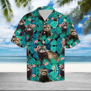 Brambles Boutique Happy Ferret Tropical Palm Leaves Summer Vacation Gift Hawaiian Shirt