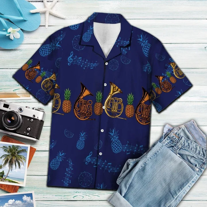 Brambles Boutique Navy Themed French Horn Musical Instrument Hawaiian Shirt