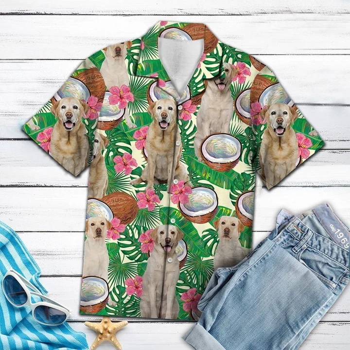 Brambles Boutique Labrador Retriever With Tropical Coconut Hawaiian Shirt