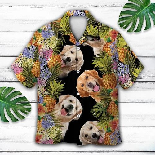 Brambles Boutique Happy Moment Aloha Golden Retriever Pineapple Leaves Hawaiian Shirt