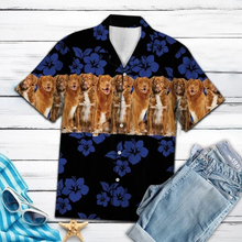 Load image into Gallery viewer, Brambles Boutique Nova Scotia Duck Tolling Retriever On Navy Hibiscus Hawaiian Shirt, Short Sleeve Hawaiian Aloha Shirt for men and women