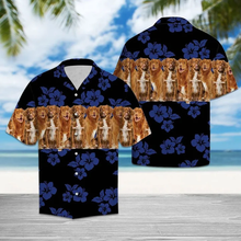 Load image into Gallery viewer, Brambles Boutique Nova Scotia Duck Tolling Retriever On Navy Hibiscus Hawaiian Shirt, Short Sleeve Hawaiian Aloha Shirt for men and women