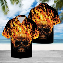 Load image into Gallery viewer, Brambles Boutique Hawaiian Shirt Flame Metal Skull Head In Black hawaii shirt for Men