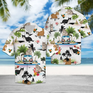 Brambles Boutique Hippie Van Munchkin Cat Enjoy Vacation Hawaiian Shirt