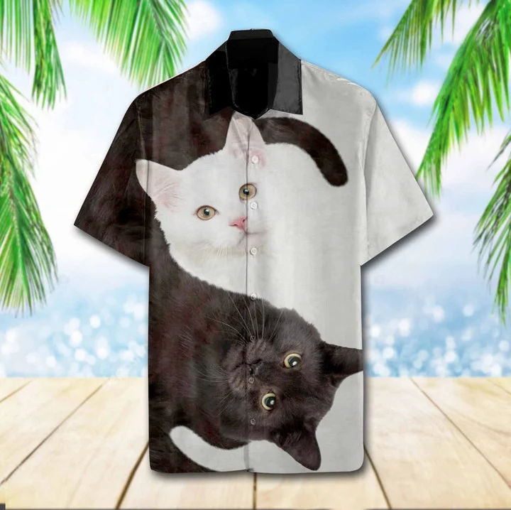 Brambles Boutique Lovely Cat Yin Yang Design Hawaiian Shirt for Men, women, Gift for cat lovers