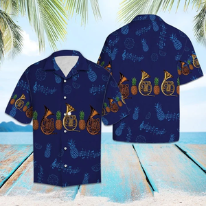 Brambles Boutique Navy Themed French Horn Musical Instrument Hawaiian Shirt